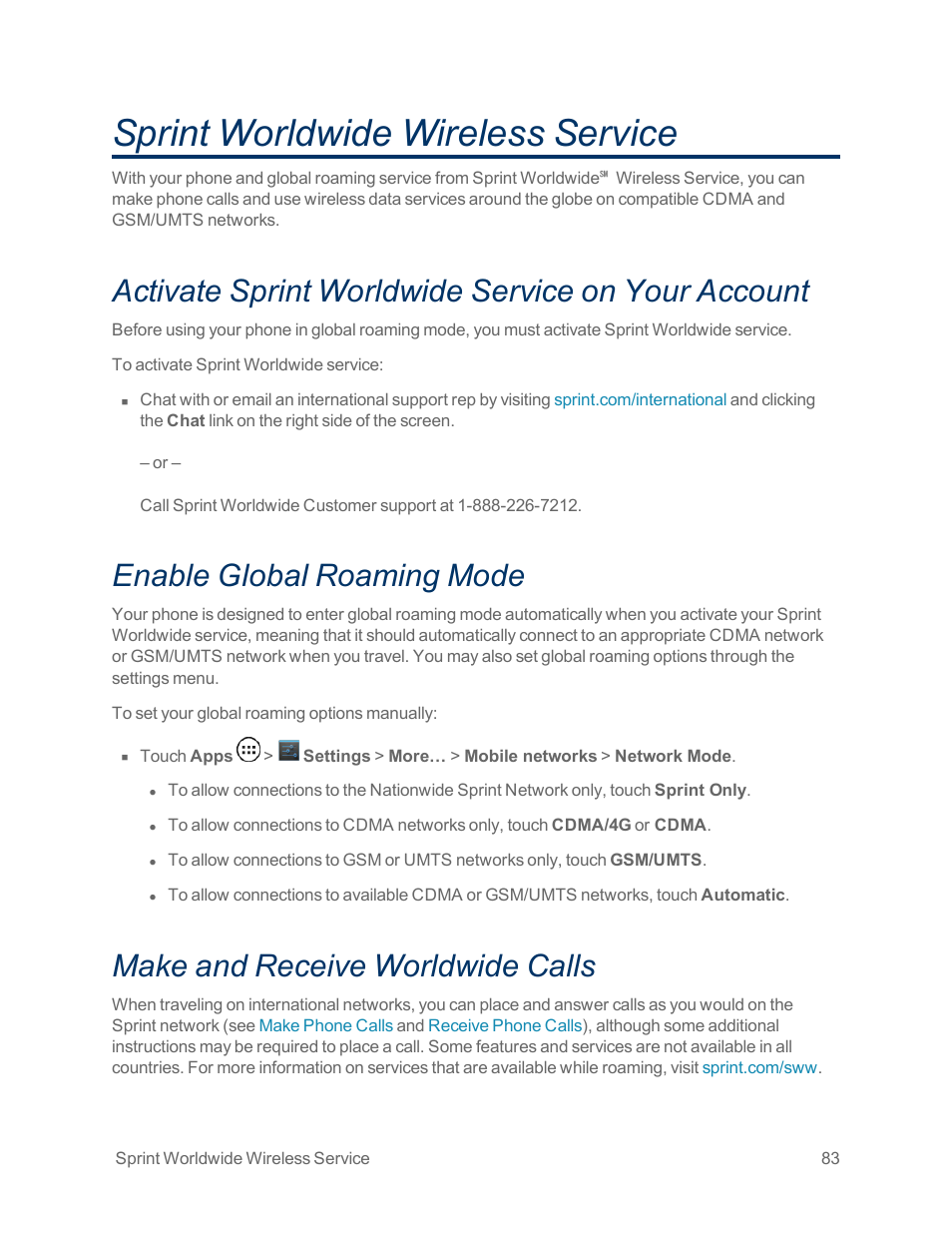 Sprint worldwide wireless service, Activate sprint worldwide service on your account, Enable global roaming mode | Make and receive worldwide calls | Motorola moto x User Manual | Page 92 / 149