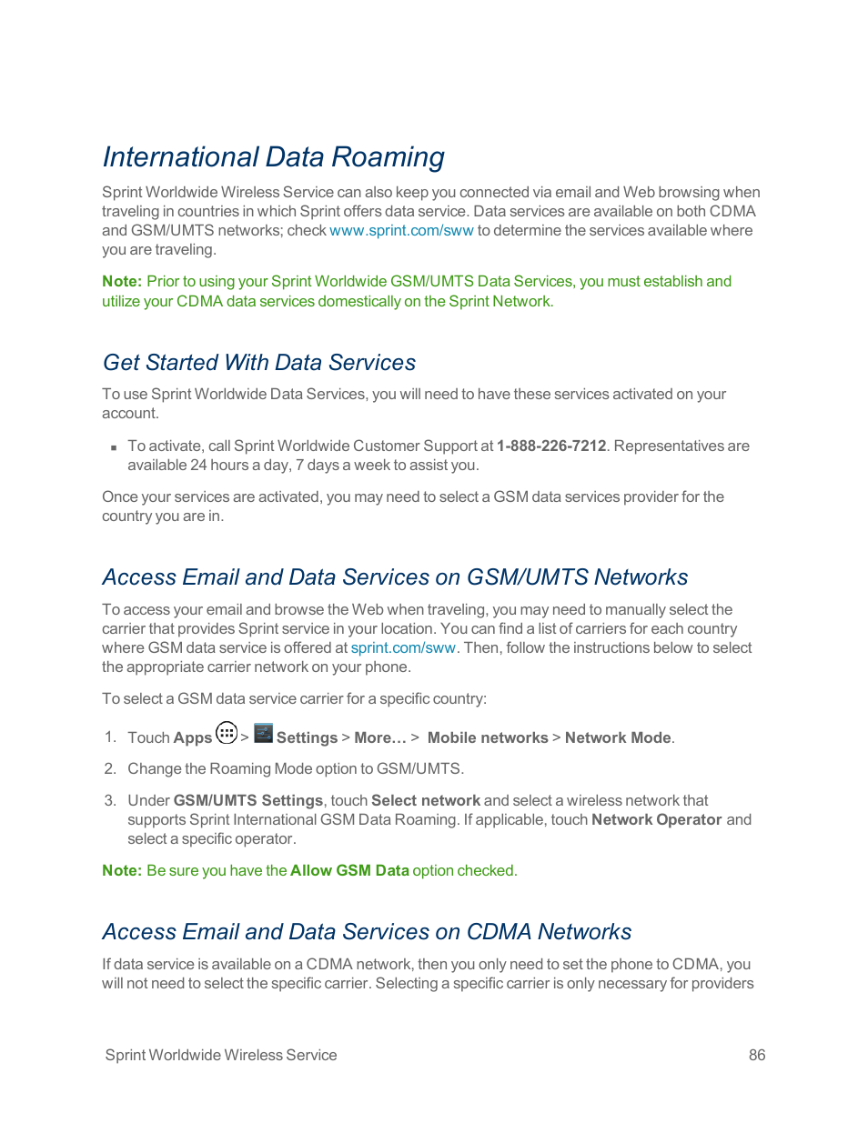 International data roaming, Get started with data services, Access email and data services on cdma networks | Motorola moto x User Manual | Page 95 / 149