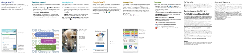 Browse, Want more, For your safety | Specific absorption rate (fcc & ic), Usage, Copyright & trademarks, Ok google now, Ok google now g g ok google now g g ok google now, Google now, Touchless control | Motorola moto x User Manual | Page 2 / 2