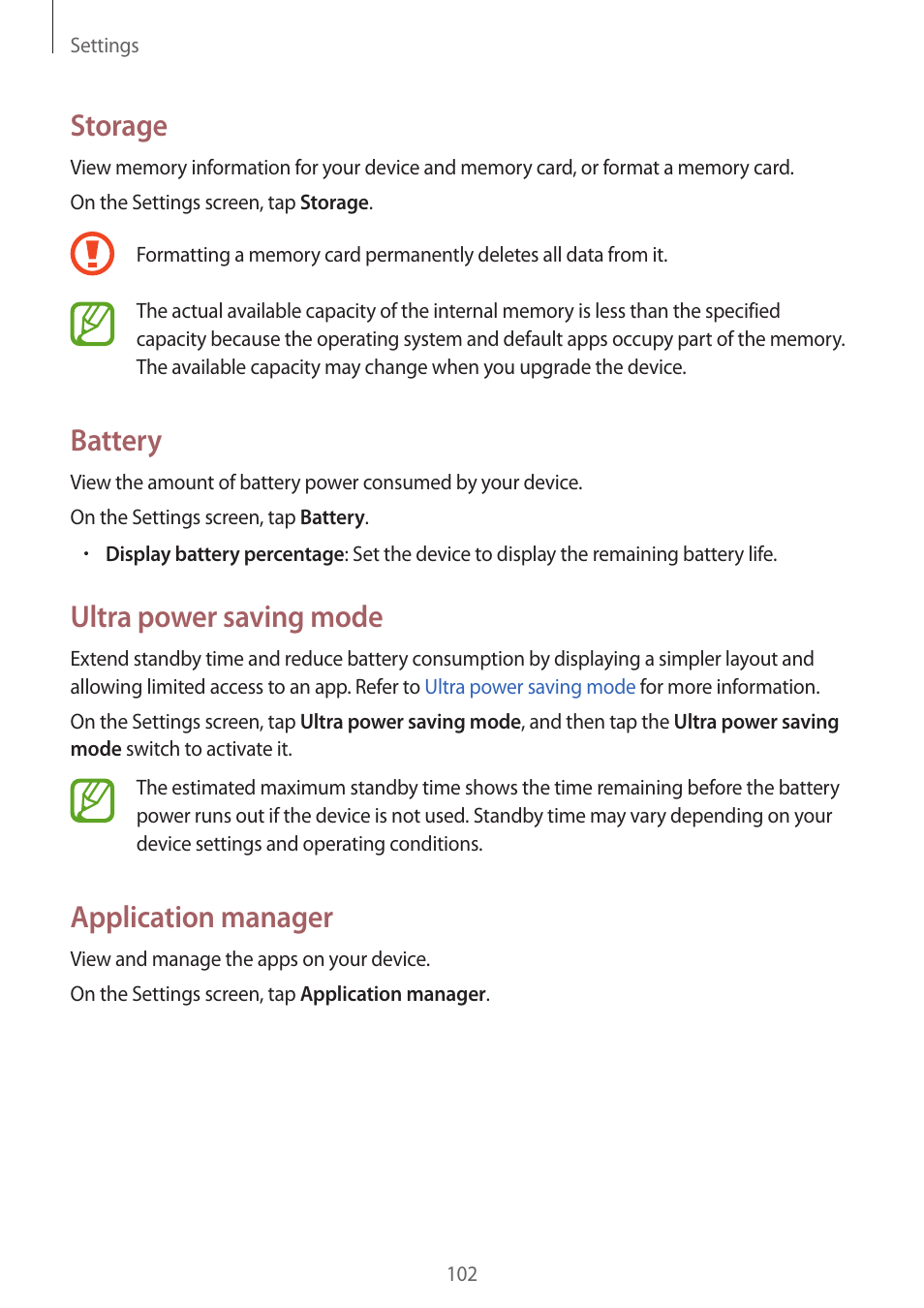 Storage, Battery, Ultra power saving mode | Application manager | Samsung Galaxy Grand Prime User Manual | Page 102 / 131