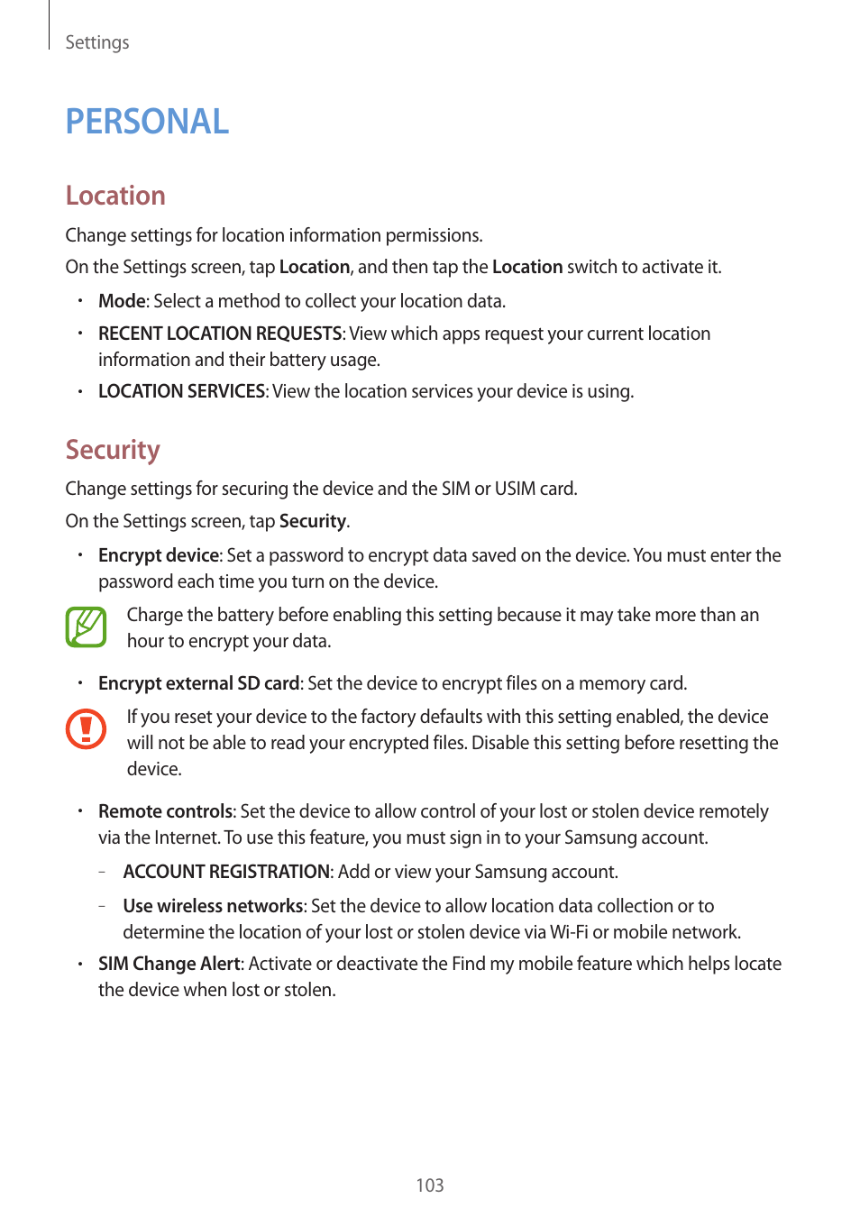 Personal, 103 personal, Location | Security | Samsung Galaxy Grand Prime User Manual | Page 103 / 131