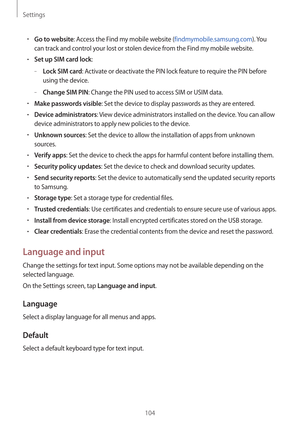 Language and input, Language, Default | Samsung Galaxy Grand Prime User Manual | Page 104 / 131