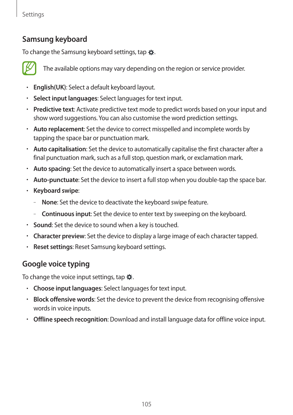 Samsung keyboard, Google voice typing | Samsung Galaxy Grand Prime User Manual | Page 105 / 131