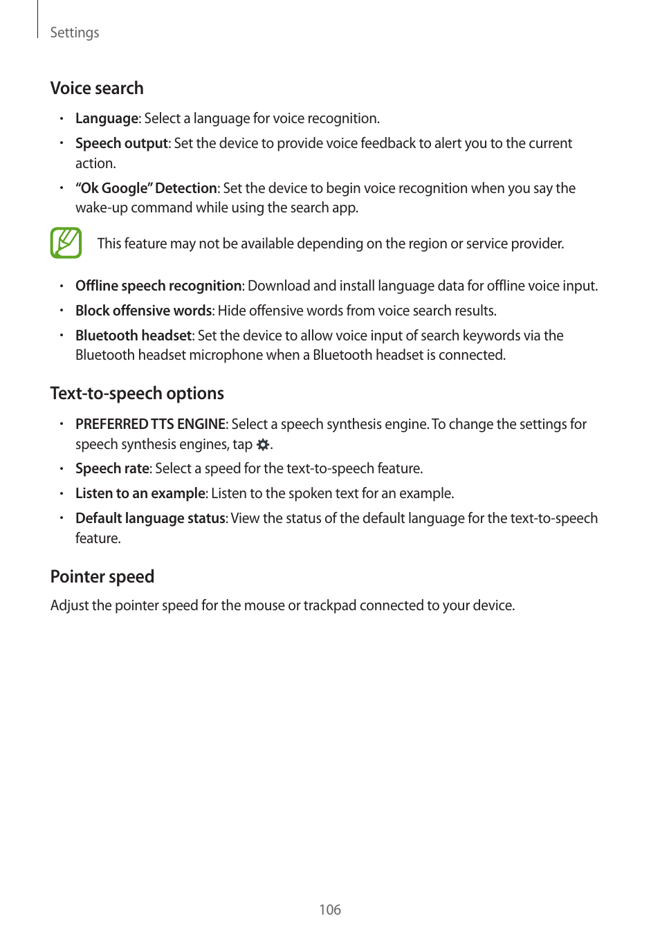 Voice search, Text-to-speech options, Pointer speed | Samsung Galaxy Grand Prime User Manual | Page 106 / 131