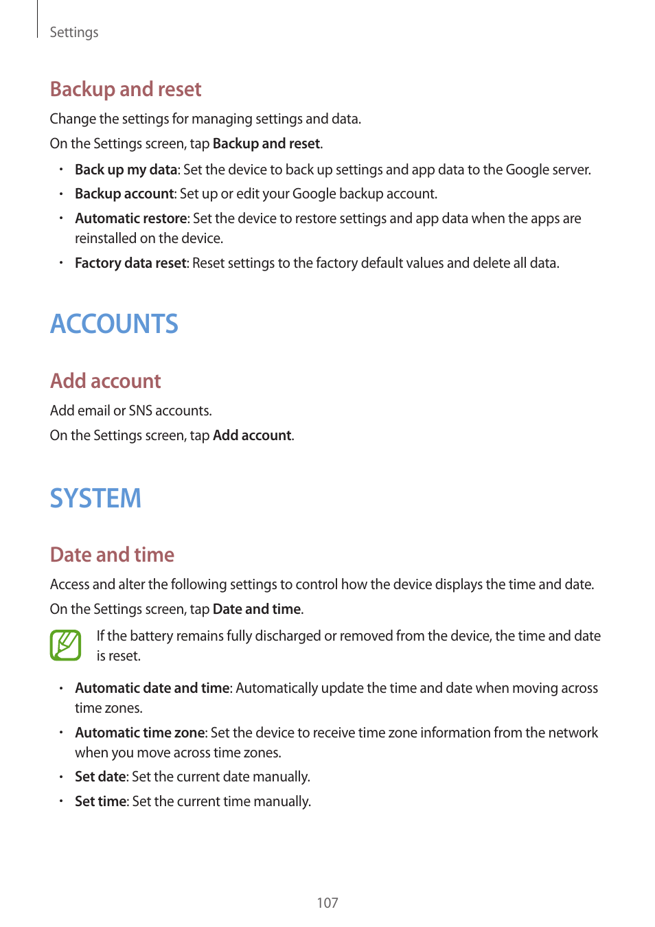 Accounts, System, 107 accounts 107 system | Backup and reset, Add account, Date and time | Samsung Galaxy Grand Prime User Manual | Page 107 / 131