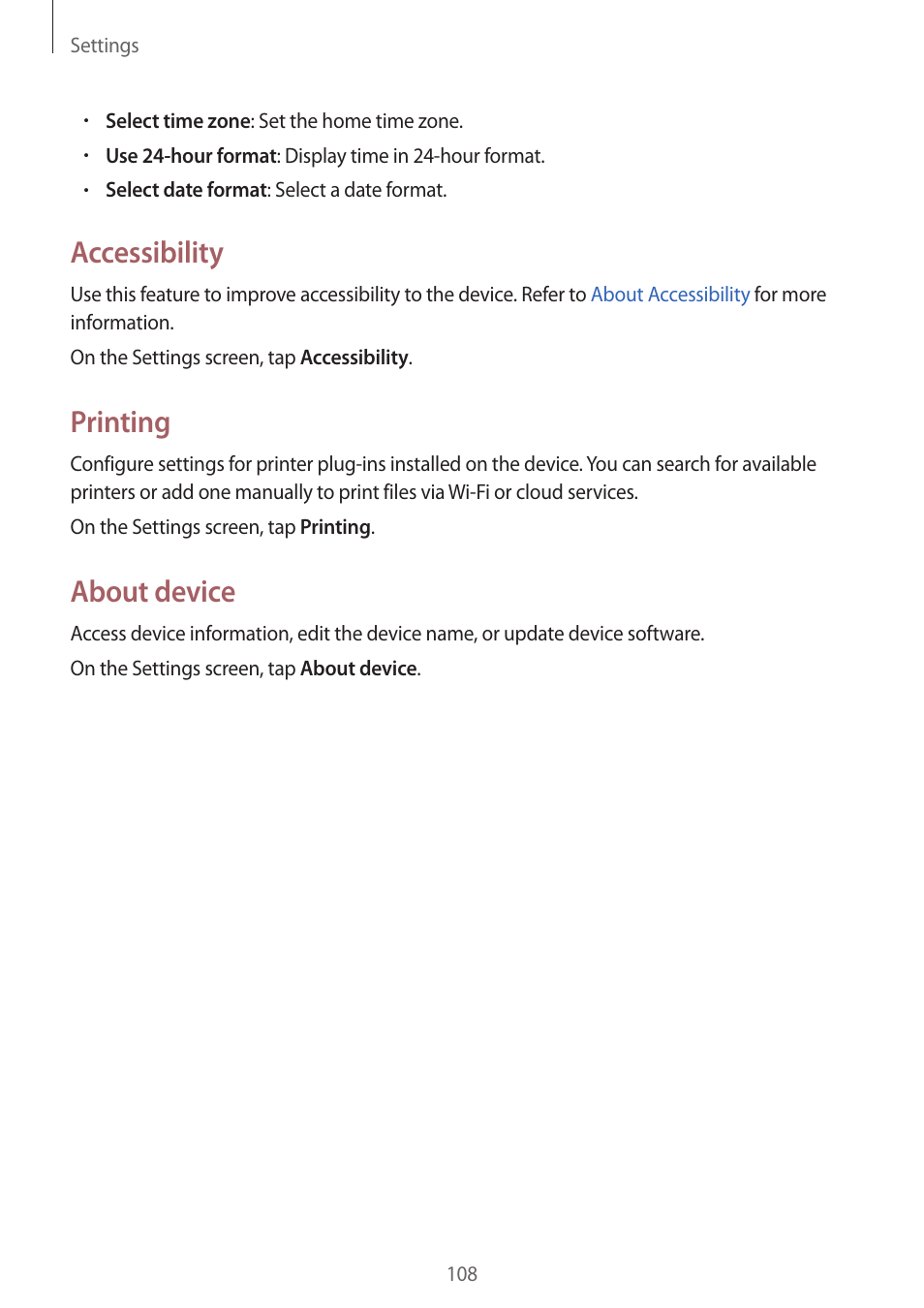 Accessibility, Printing, About device | Samsung Galaxy Grand Prime User Manual | Page 108 / 131