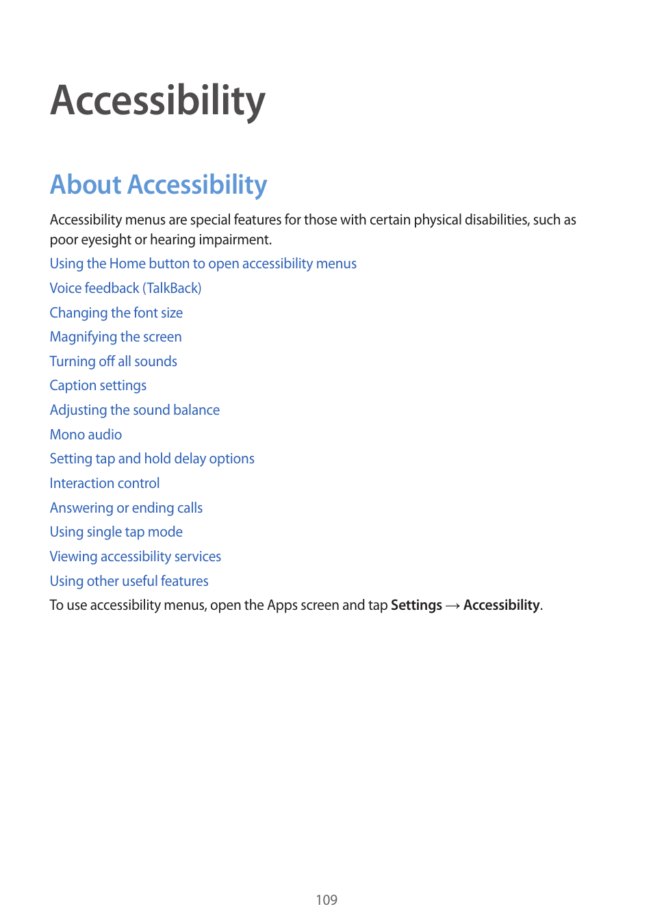 Accessibility, About accessibility, 109 about accessibility | Samsung Galaxy Grand Prime User Manual | Page 109 / 131