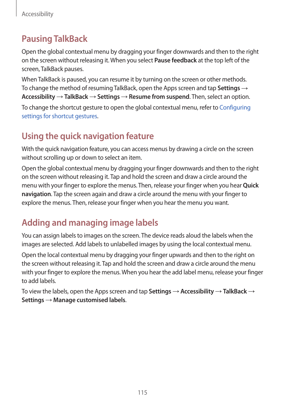 Pausing talkback, Using the quick navigation feature, Adding and managing image labels | Samsung Galaxy Grand Prime User Manual | Page 115 / 131