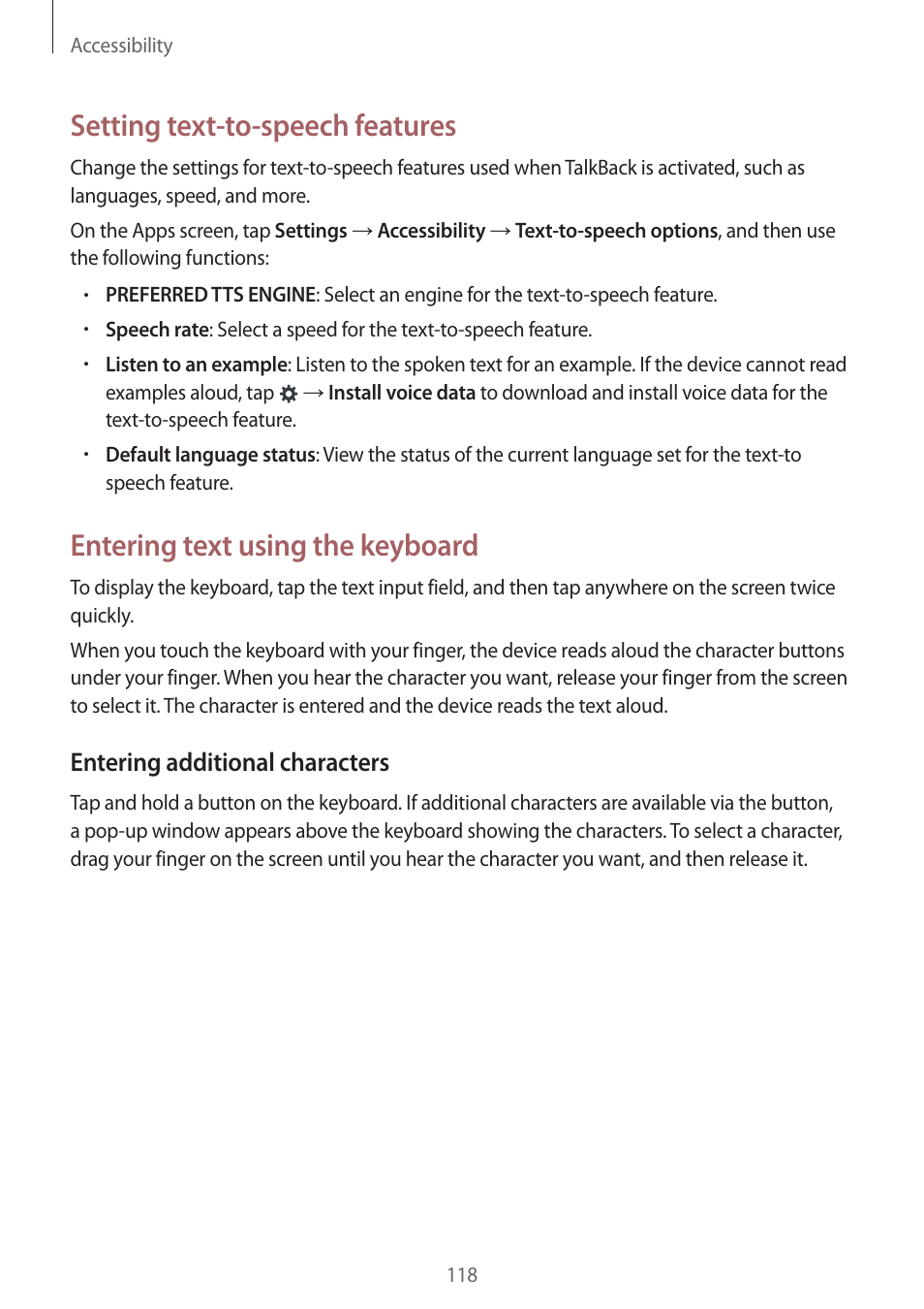 Setting text-to-speech features, Entering text using the keyboard, Entering additional characters | Samsung Galaxy Grand Prime User Manual | Page 118 / 131