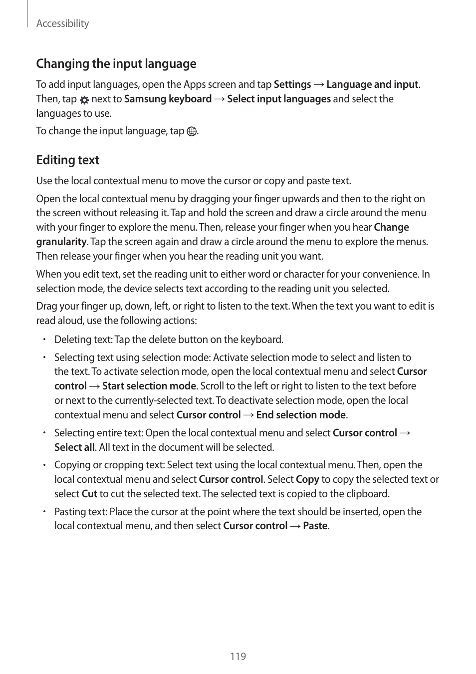 Changing the input language, Editing text | Samsung Galaxy Grand Prime User Manual | Page 119 / 131