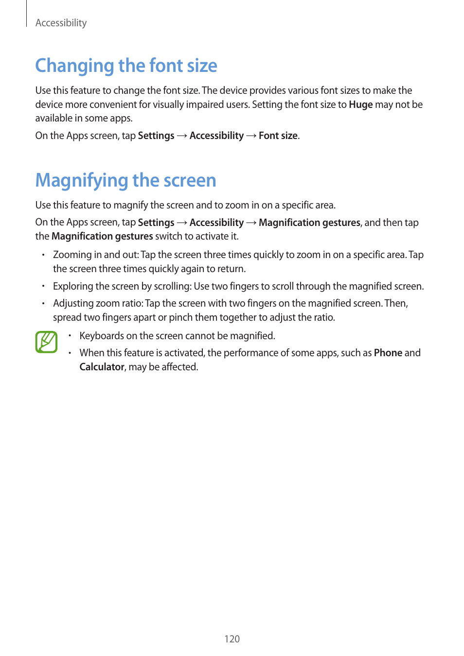 Changing the font size, Magnifying the screen, Changing the font size magnifying the screen | Samsung Galaxy Grand Prime User Manual | Page 120 / 131