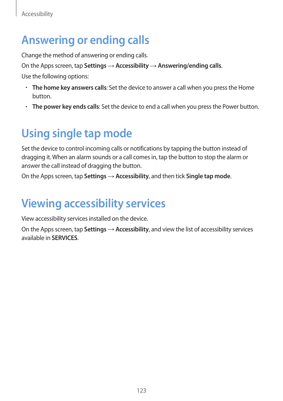 Answering or ending calls, Using single tap mode, Viewing accessibility services | Samsung Galaxy Grand Prime User Manual | Page 123 / 131