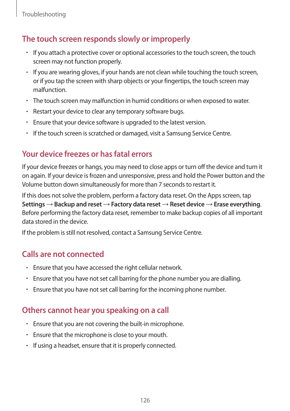 The touch screen responds slowly or improperly, Your device freezes or has fatal errors, Calls are not connected | Others cannot hear you speaking on a call | Samsung Galaxy Grand Prime User Manual | Page 126 / 131