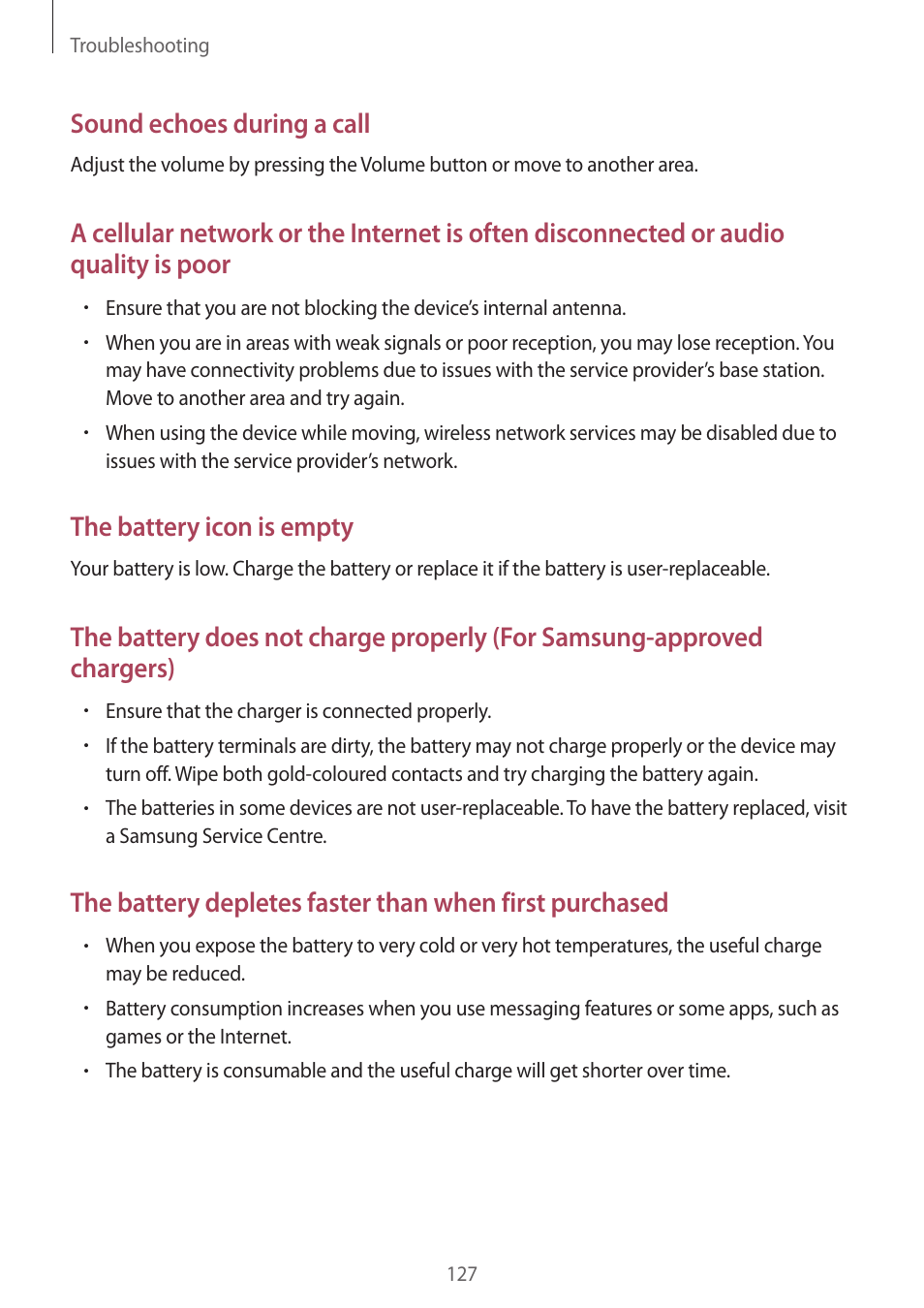 Sound echoes during a call, The battery icon is empty | Samsung Galaxy Grand Prime User Manual | Page 127 / 131