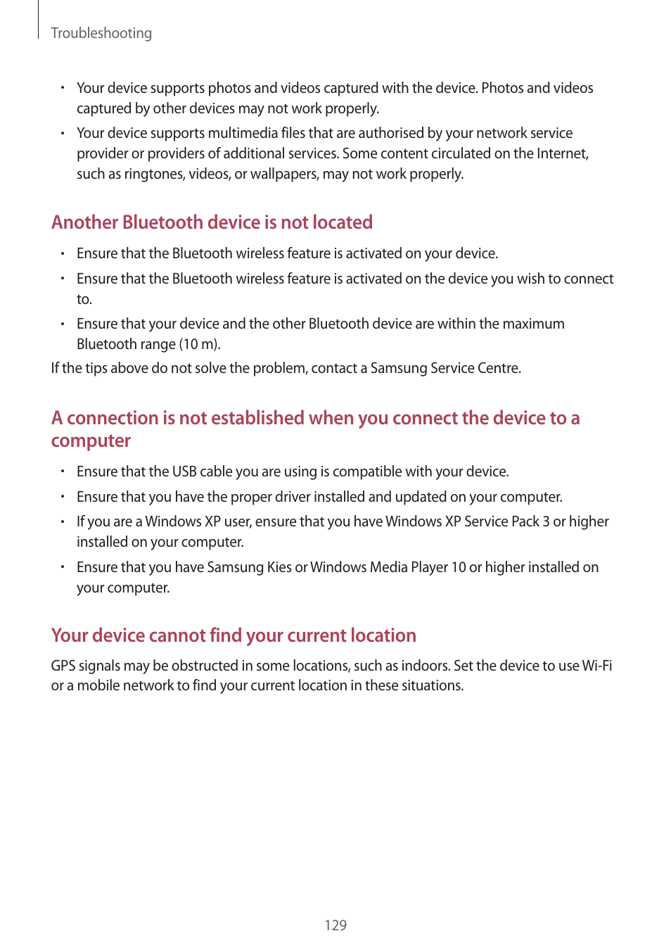 Another bluetooth device is not located, Your device cannot find your current location | Samsung Galaxy Grand Prime User Manual | Page 129 / 131