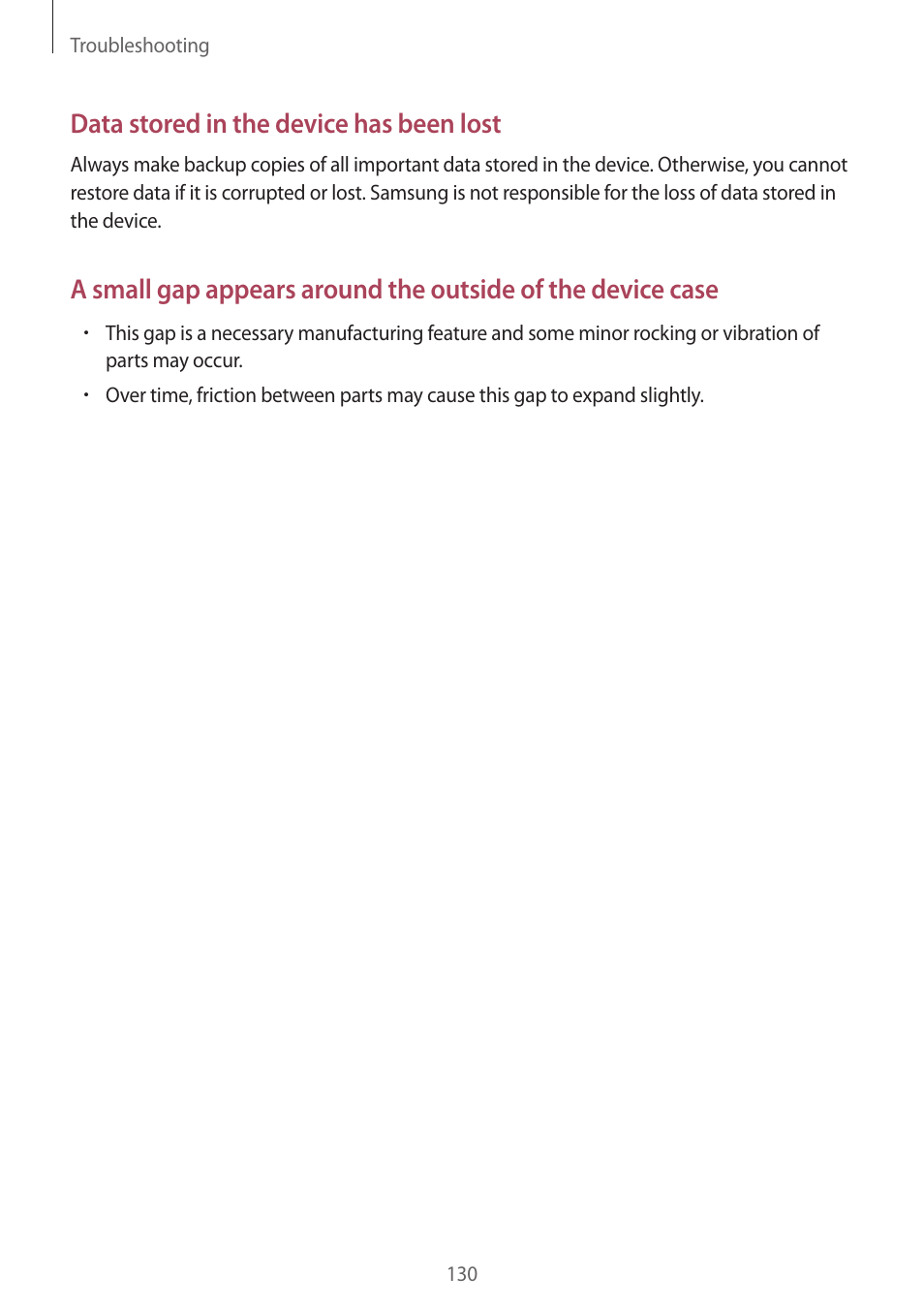 Data stored in the device has been lost | Samsung Galaxy Grand Prime User Manual | Page 130 / 131