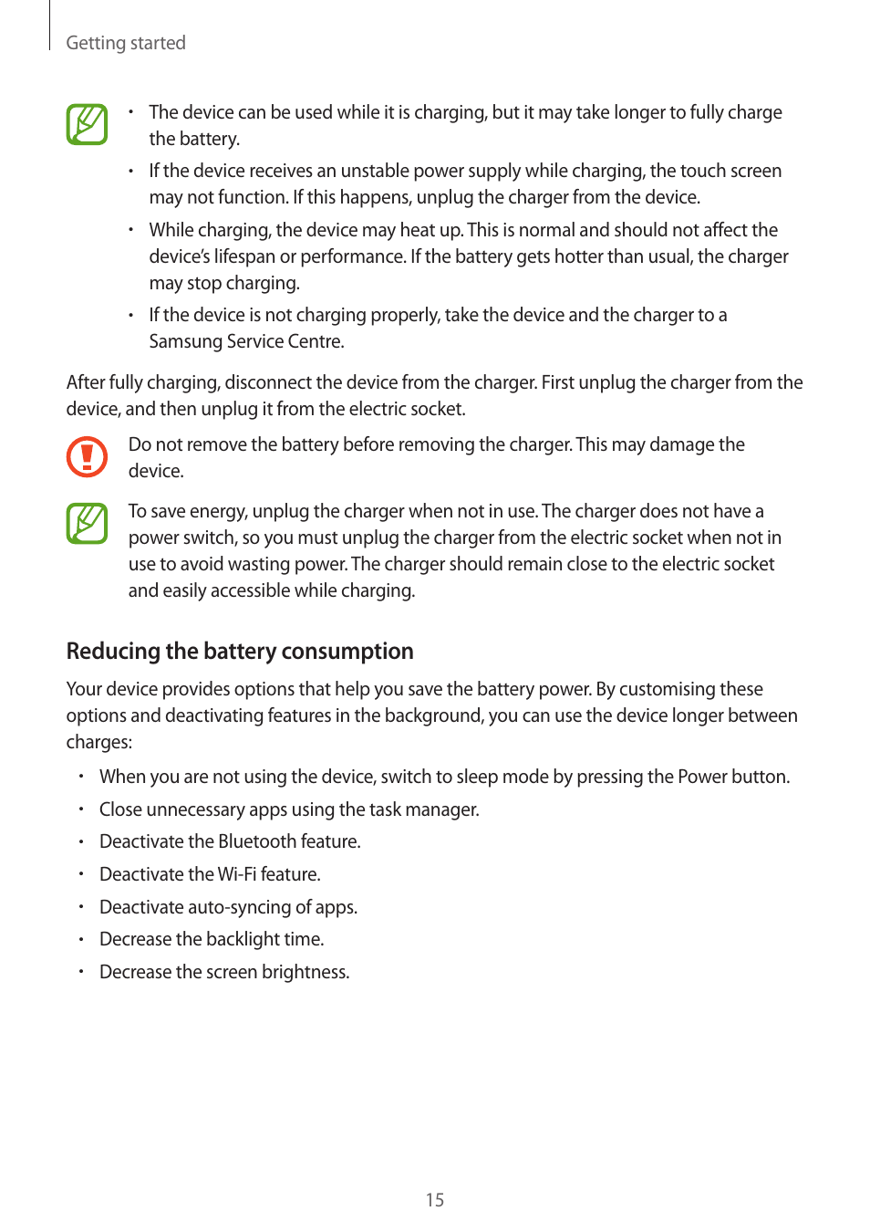 Reducing the battery consumption | Samsung Galaxy Grand Prime User Manual | Page 15 / 131