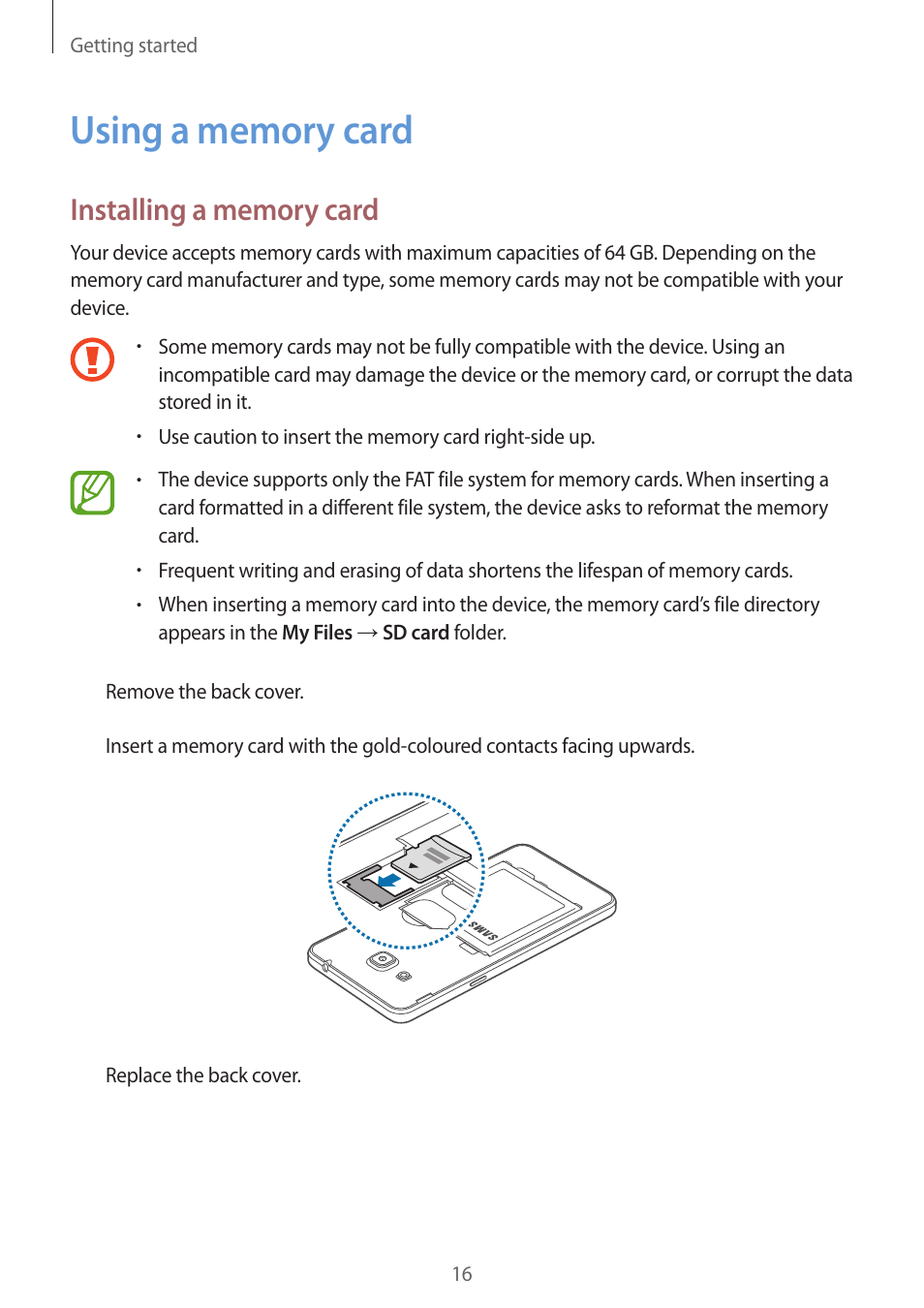 Using a memory card, 16 using a memory card | Samsung Galaxy Grand Prime User Manual | Page 16 / 131