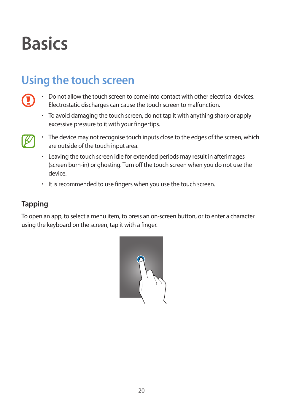 Basics, Using the touch screen, 20 using the touch screen | Samsung Galaxy Grand Prime User Manual | Page 20 / 131