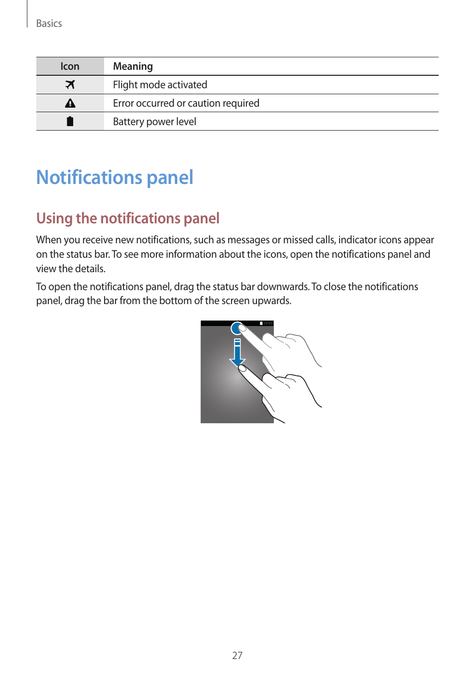 Notifications panel, 27 notifications panel, Using the notifications panel | Samsung Galaxy Grand Prime User Manual | Page 27 / 131