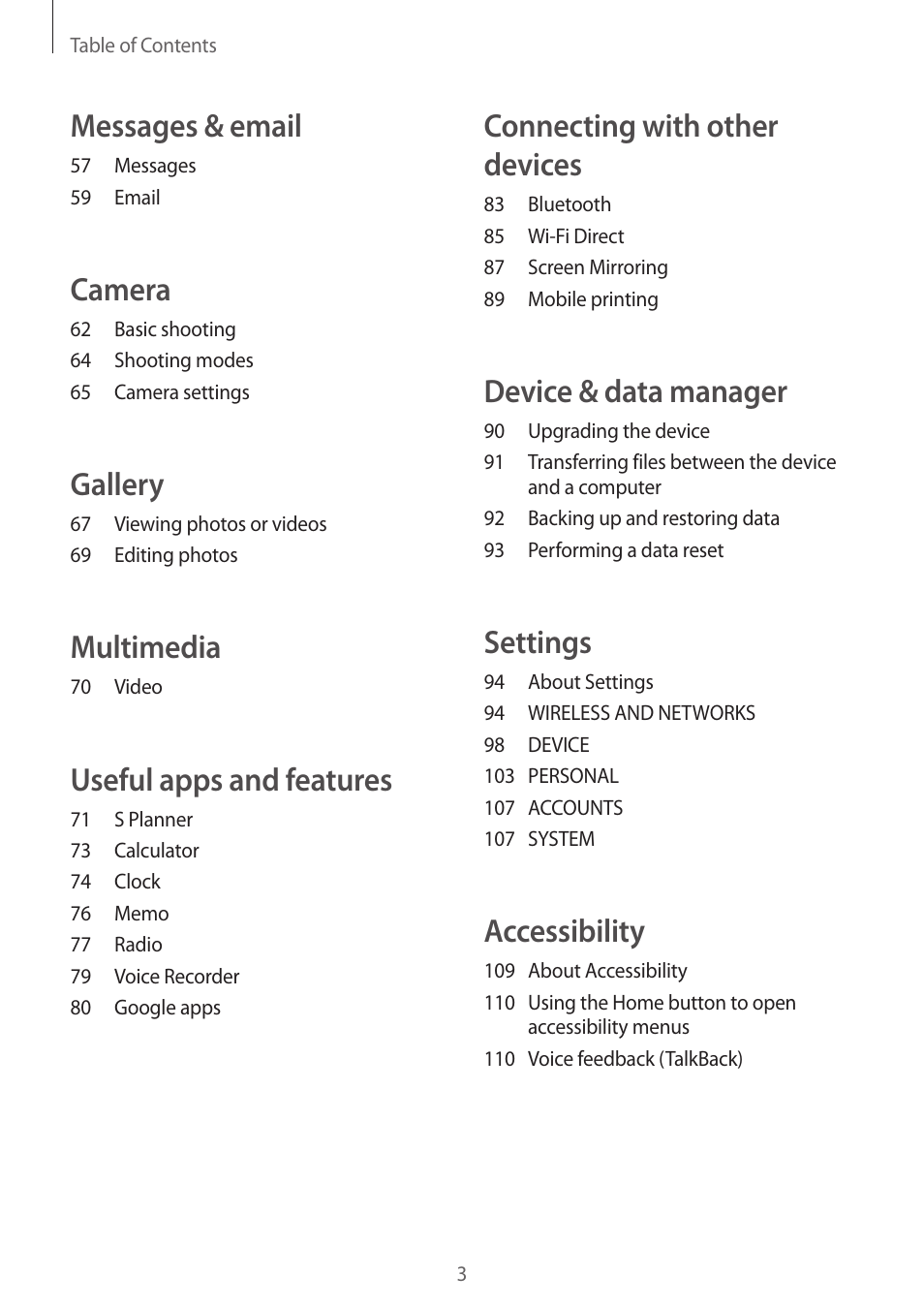 Connecting with other devices, Device & data manager, Settings | Accessibility, Messages & email, Camera, Gallery, Multimedia, Useful apps and features | Samsung Galaxy Grand Prime User Manual | Page 3 / 131