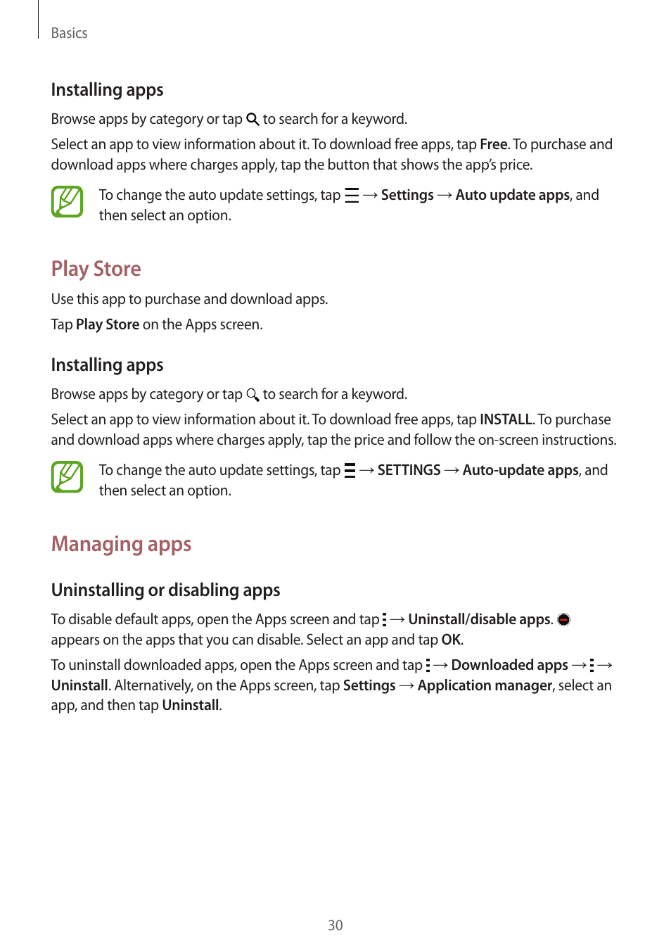 Play store, Managing apps, Installing apps | Uninstalling or disabling apps | Samsung Galaxy Grand Prime User Manual | Page 30 / 131