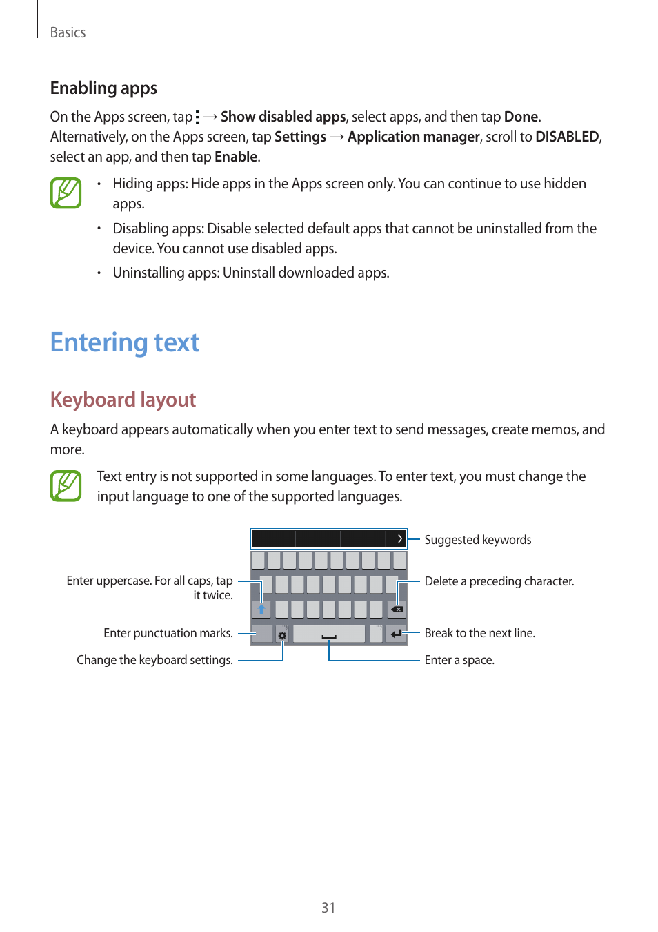 Entering text, 31 entering text, Keyboard layout | Enabling apps | Samsung Galaxy Grand Prime User Manual | Page 31 / 131