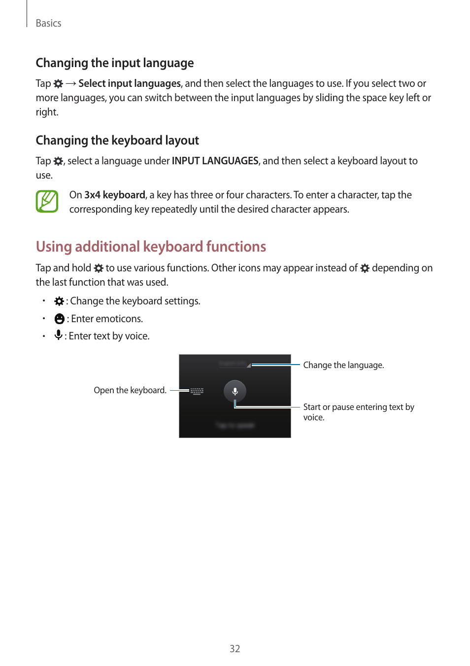 Using additional keyboard functions, Changing the input language, Changing the keyboard layout | Samsung Galaxy Grand Prime User Manual | Page 32 / 131