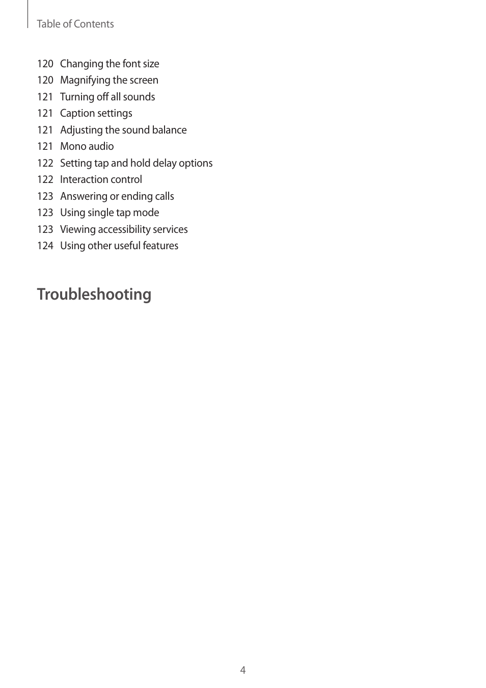 Troubleshooting | Samsung Galaxy Grand Prime User Manual | Page 4 / 131