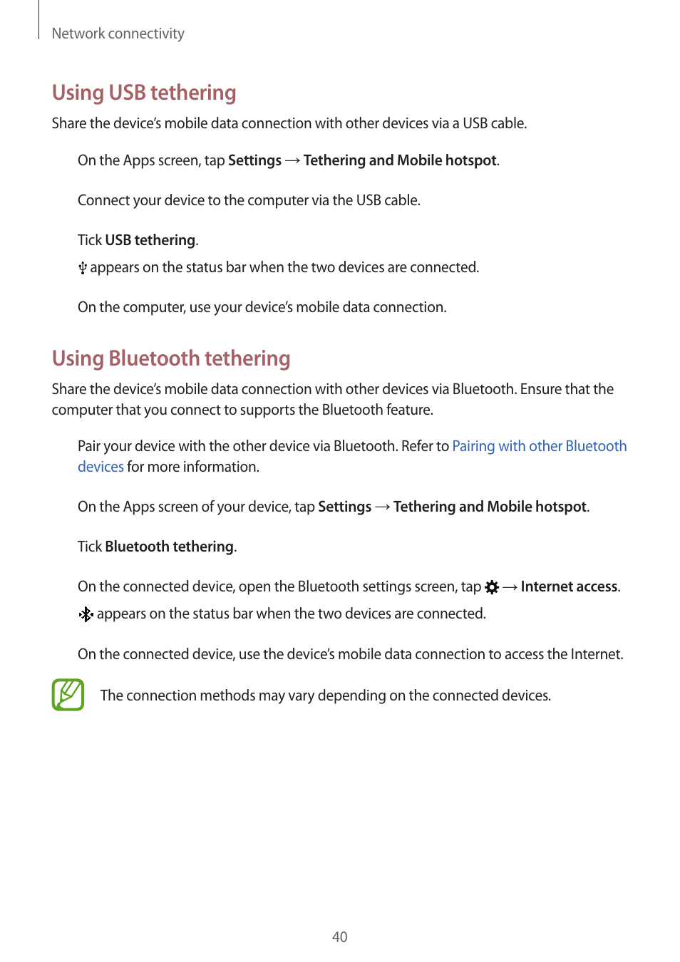 Using usb tethering, Using bluetooth tethering | Samsung Galaxy Grand Prime User Manual | Page 40 / 131