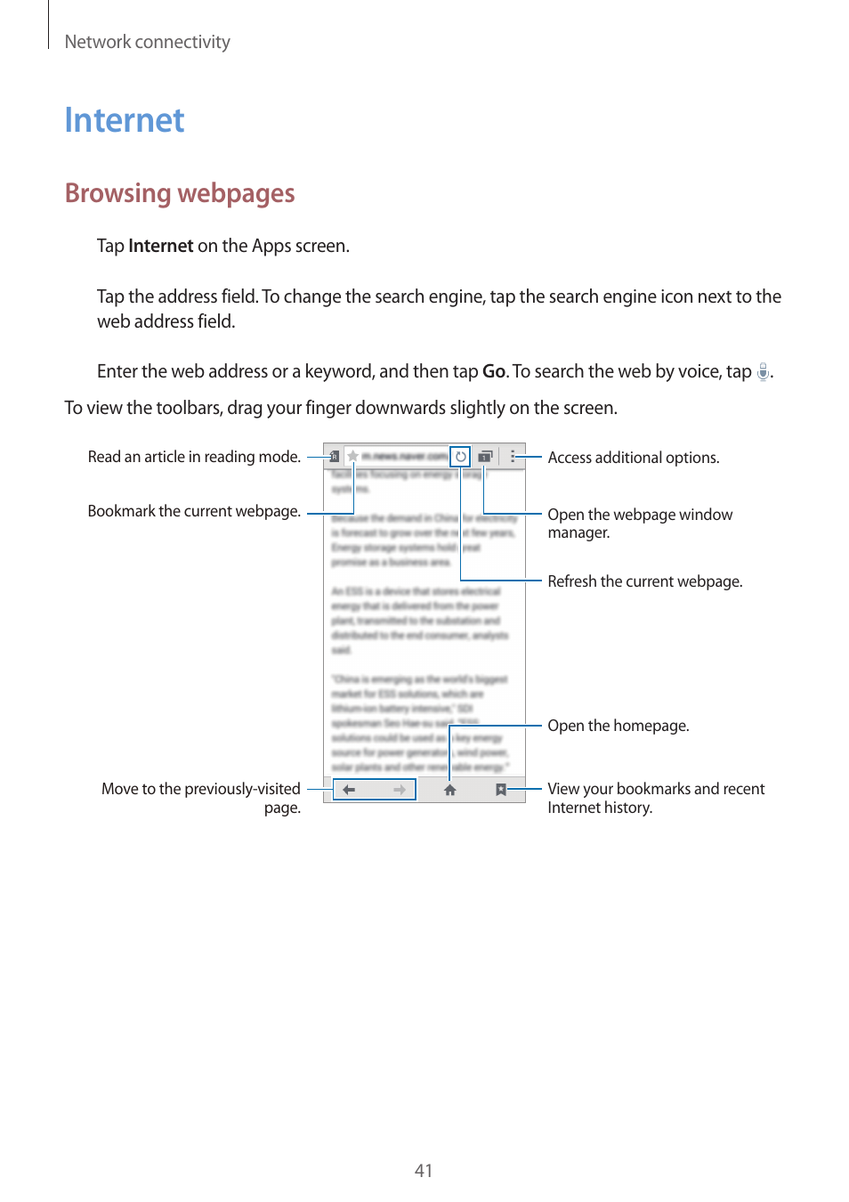 Internet, 41 internet, Browsing webpages | Samsung Galaxy Grand Prime User Manual | Page 41 / 131