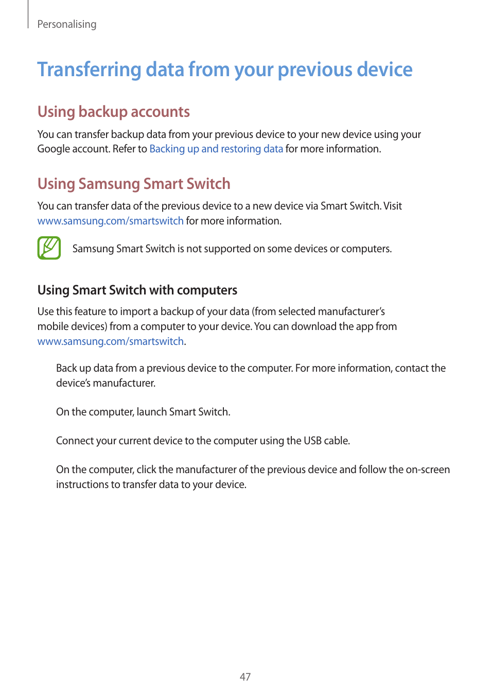 Transferring data from your previous device, 47 transferring data from your previous, Device | Using backup accounts, Using samsung smart switch | Samsung Galaxy Grand Prime User Manual | Page 47 / 131