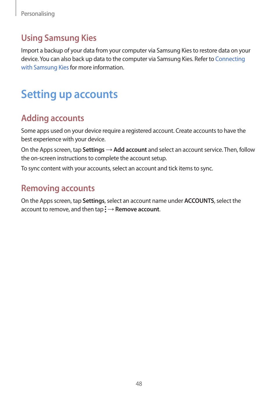 Setting up accounts, 48 setting up accounts, Using samsung kies | Adding accounts, Removing accounts | Samsung Galaxy Grand Prime User Manual | Page 48 / 131