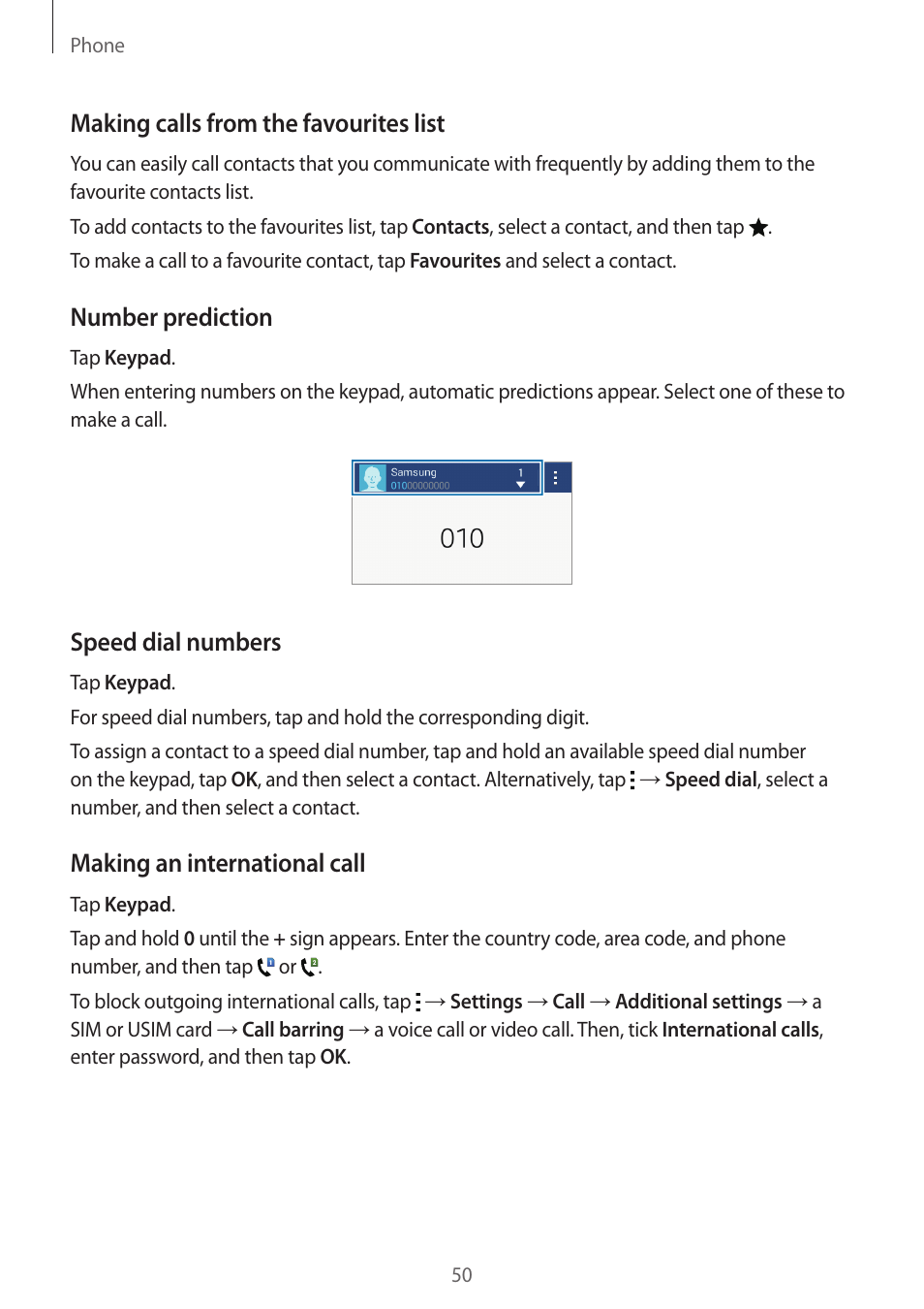 Making calls from the favourites list, Number prediction, Speed dial numbers | Making an international call | Samsung Galaxy Grand Prime User Manual | Page 50 / 131