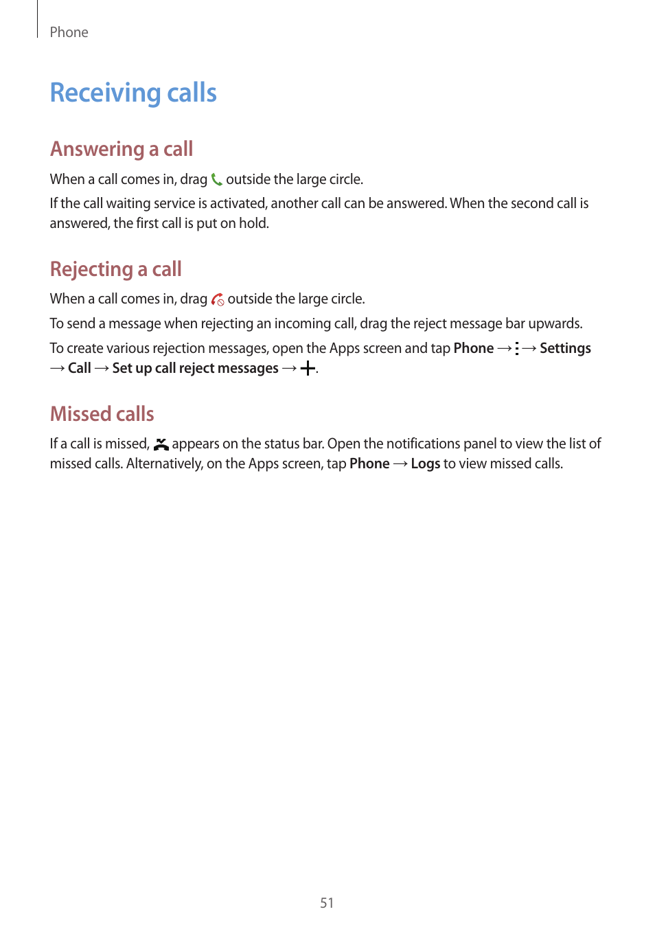 Receiving calls, 51 receiving calls, Answering a call | Rejecting a call, Missed calls | Samsung Galaxy Grand Prime User Manual | Page 51 / 131