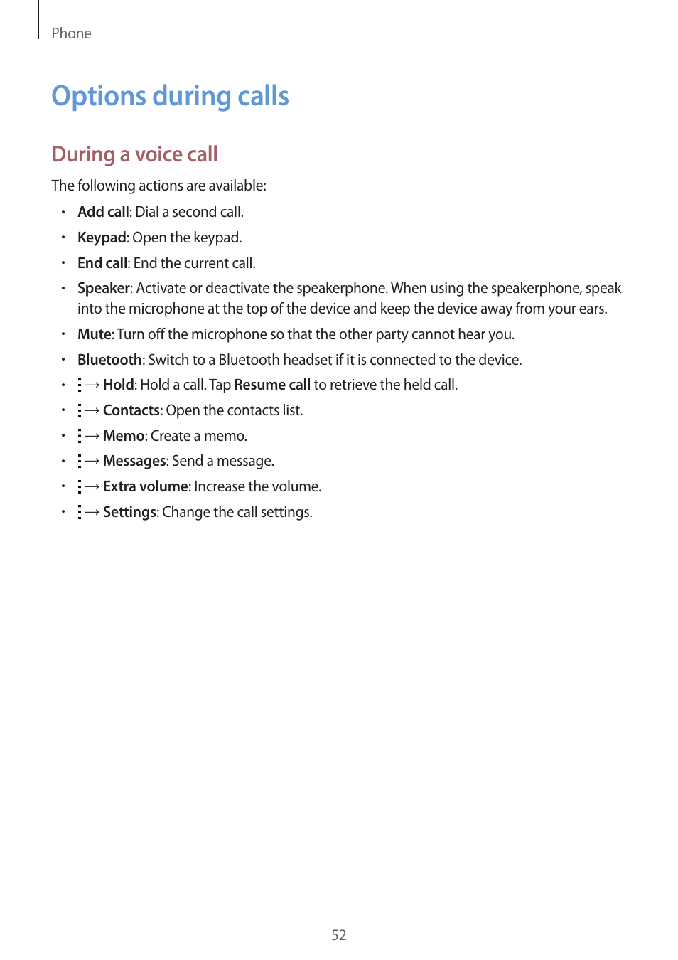 Options during calls, 52 options during calls, During a voice call | Samsung Galaxy Grand Prime User Manual | Page 52 / 131