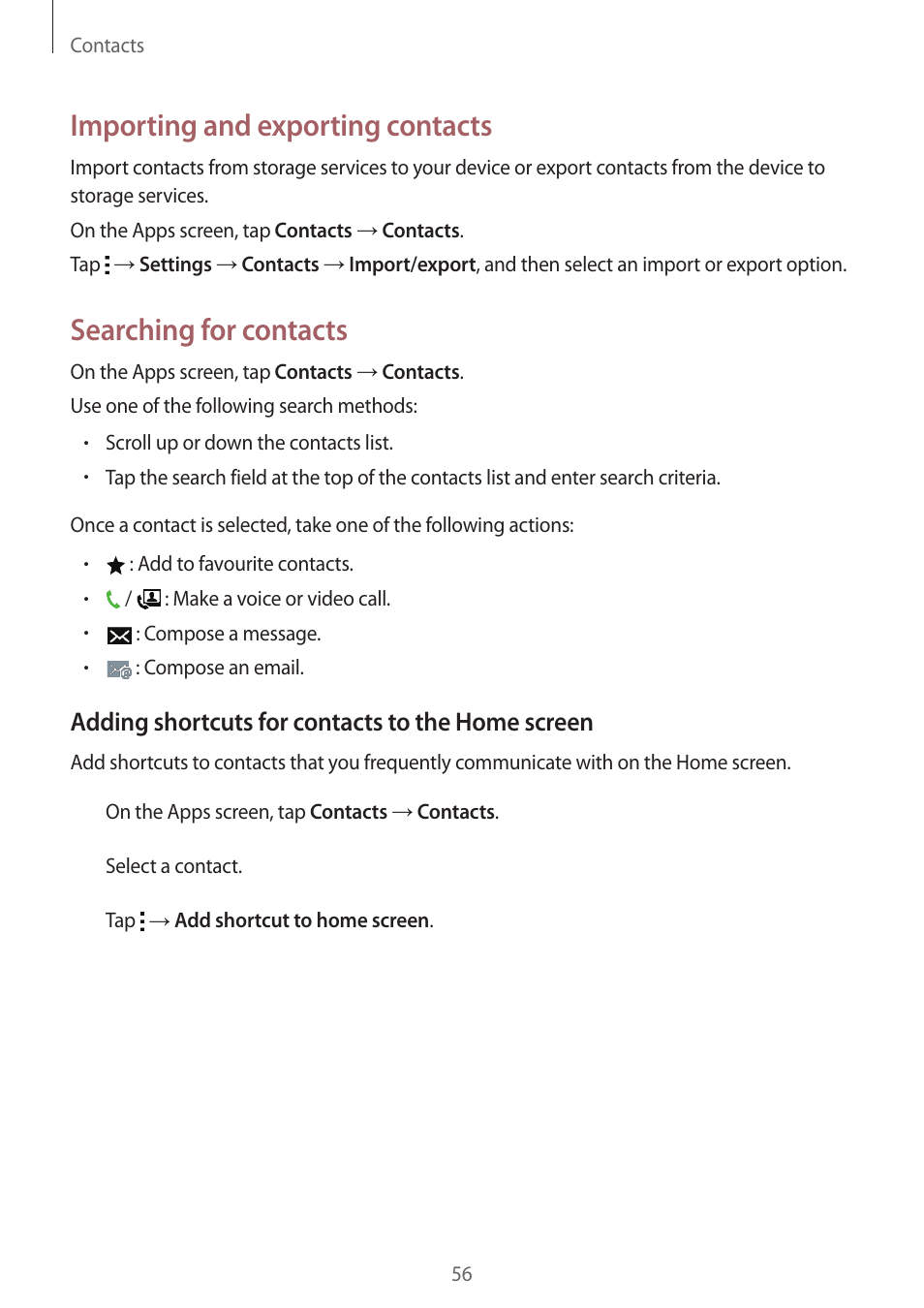 Importing and exporting contacts, Searching for contacts | Samsung Galaxy Grand Prime User Manual | Page 56 / 131