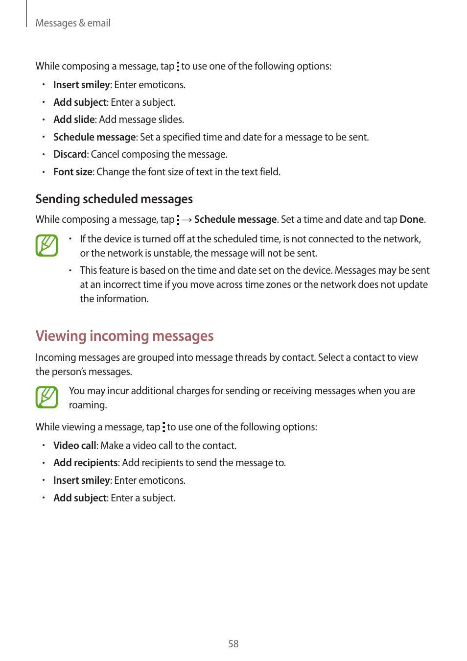 Viewing incoming messages, Sending scheduled messages | Samsung Galaxy Grand Prime User Manual | Page 58 / 131