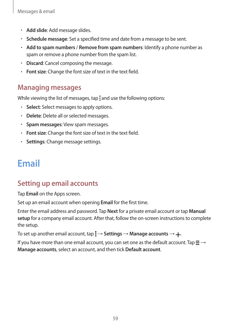 Email, 59 email, Managing messages | Setting up email accounts | Samsung Galaxy Grand Prime User Manual | Page 59 / 131