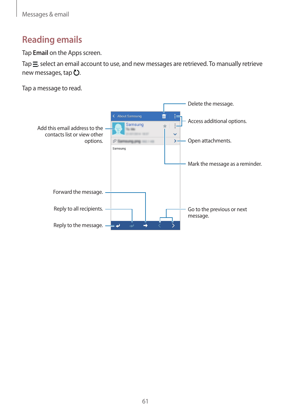 Reading emails | Samsung Galaxy Grand Prime User Manual | Page 61 / 131