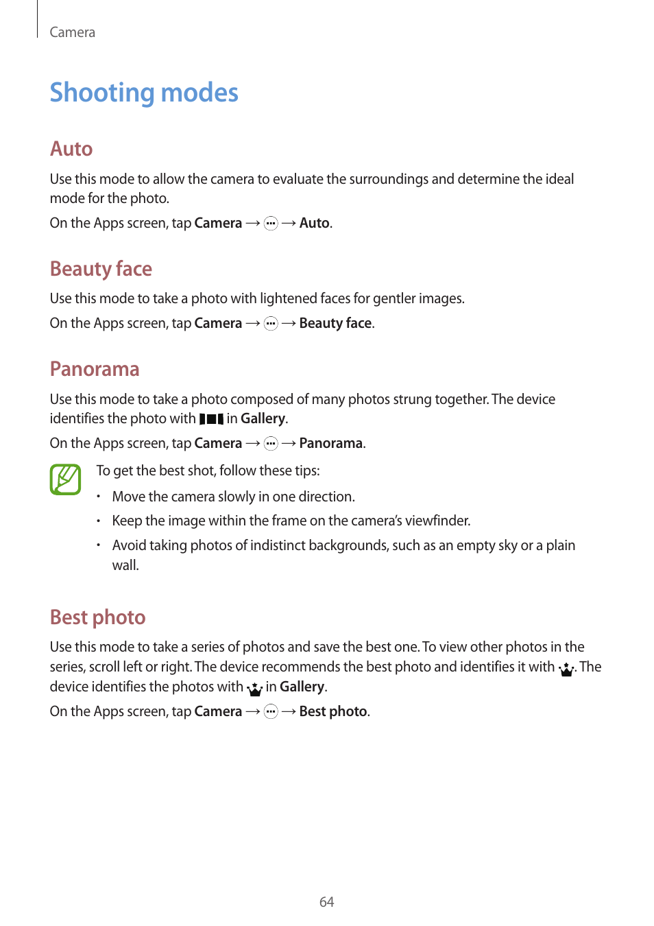 Shooting modes, 64 shooting modes, Auto | Beauty face, Panorama, Best photo | Samsung Galaxy Grand Prime User Manual | Page 64 / 131