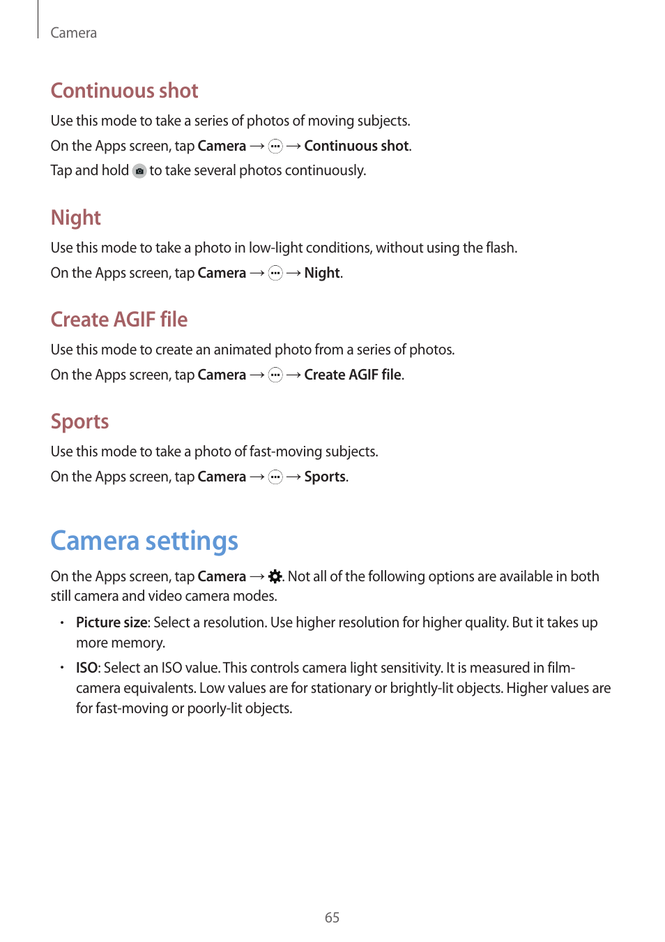 Camera settings, 65 camera settings, Continuous shot | Night, Create agif file, Sports | Samsung Galaxy Grand Prime User Manual | Page 65 / 131