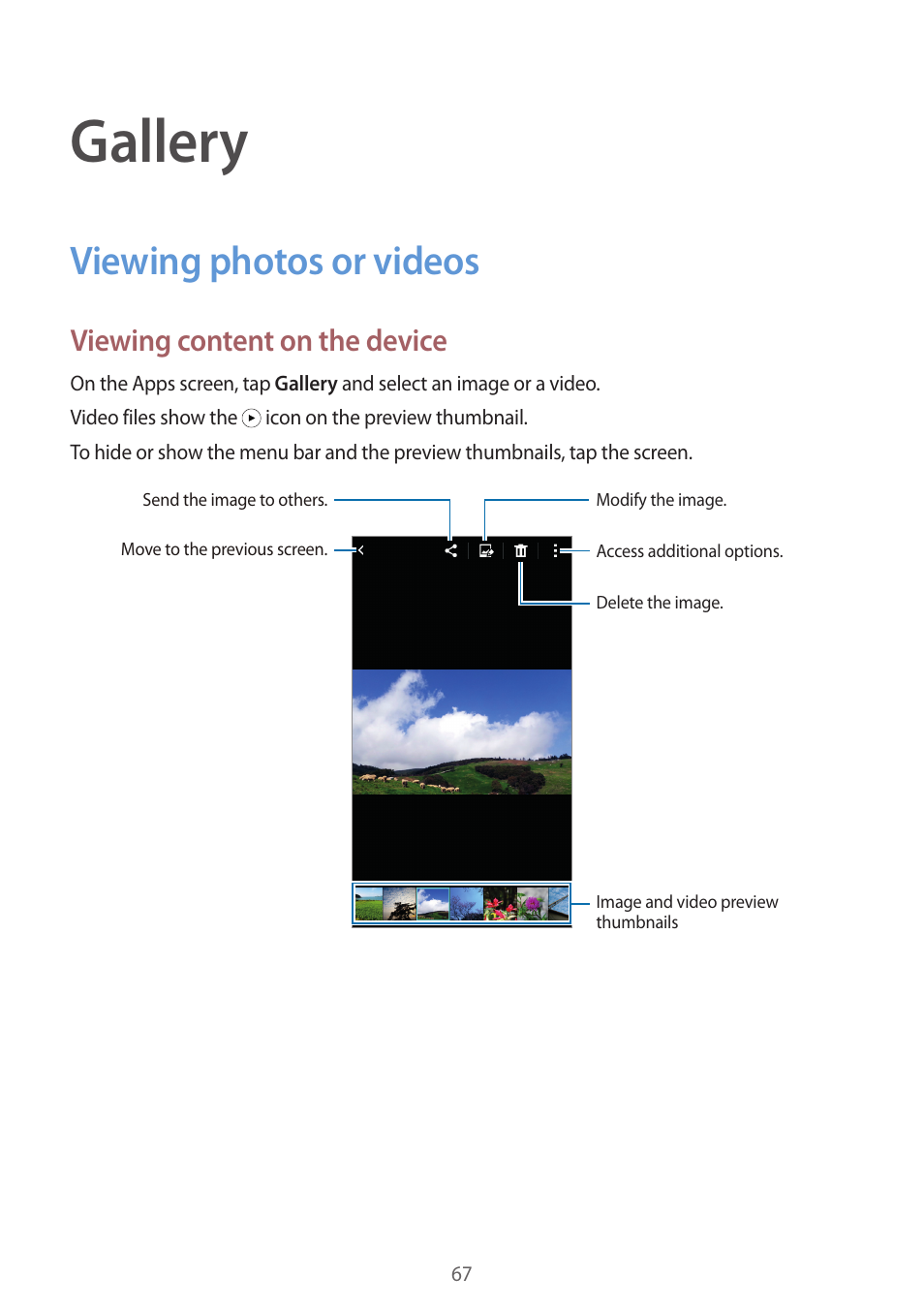 Gallery, Viewing photos or videos, 67 viewing photos or videos | Viewing content on the device | Samsung Galaxy Grand Prime User Manual | Page 67 / 131