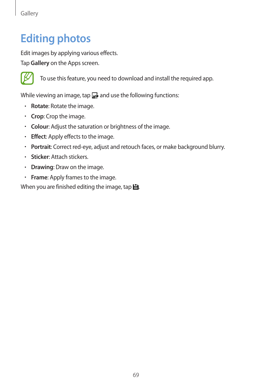 Editing photos, 69 editing photos | Samsung Galaxy Grand Prime User Manual | Page 69 / 131