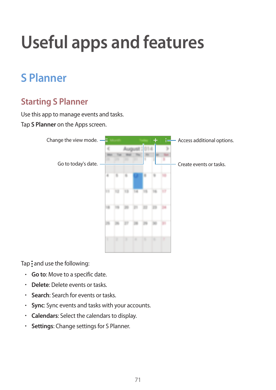 Useful apps and features, S planner, 71 s planner | Starting s planner | Samsung Galaxy Grand Prime User Manual | Page 71 / 131