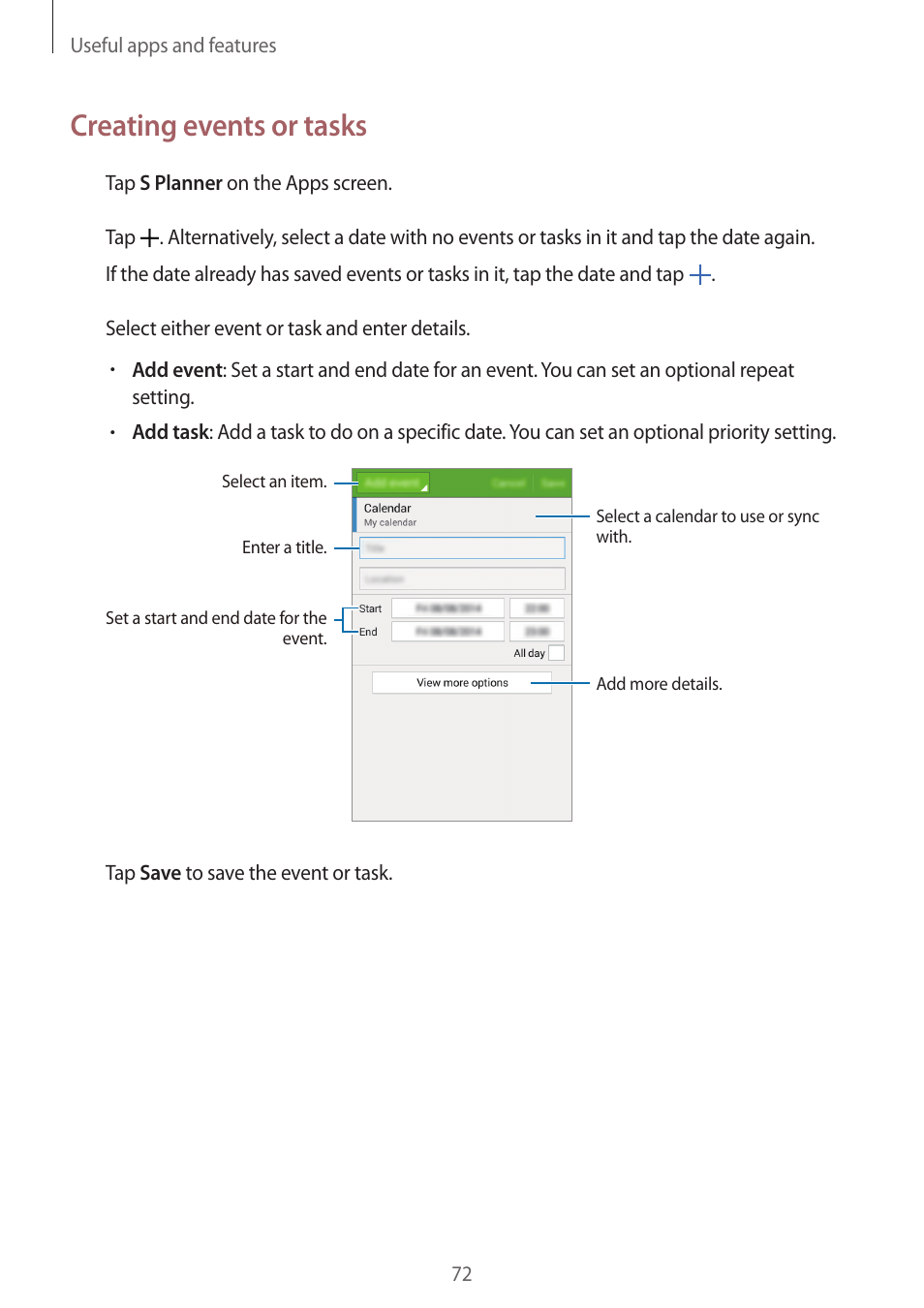 Creating events or tasks | Samsung Galaxy Grand Prime User Manual | Page 72 / 131