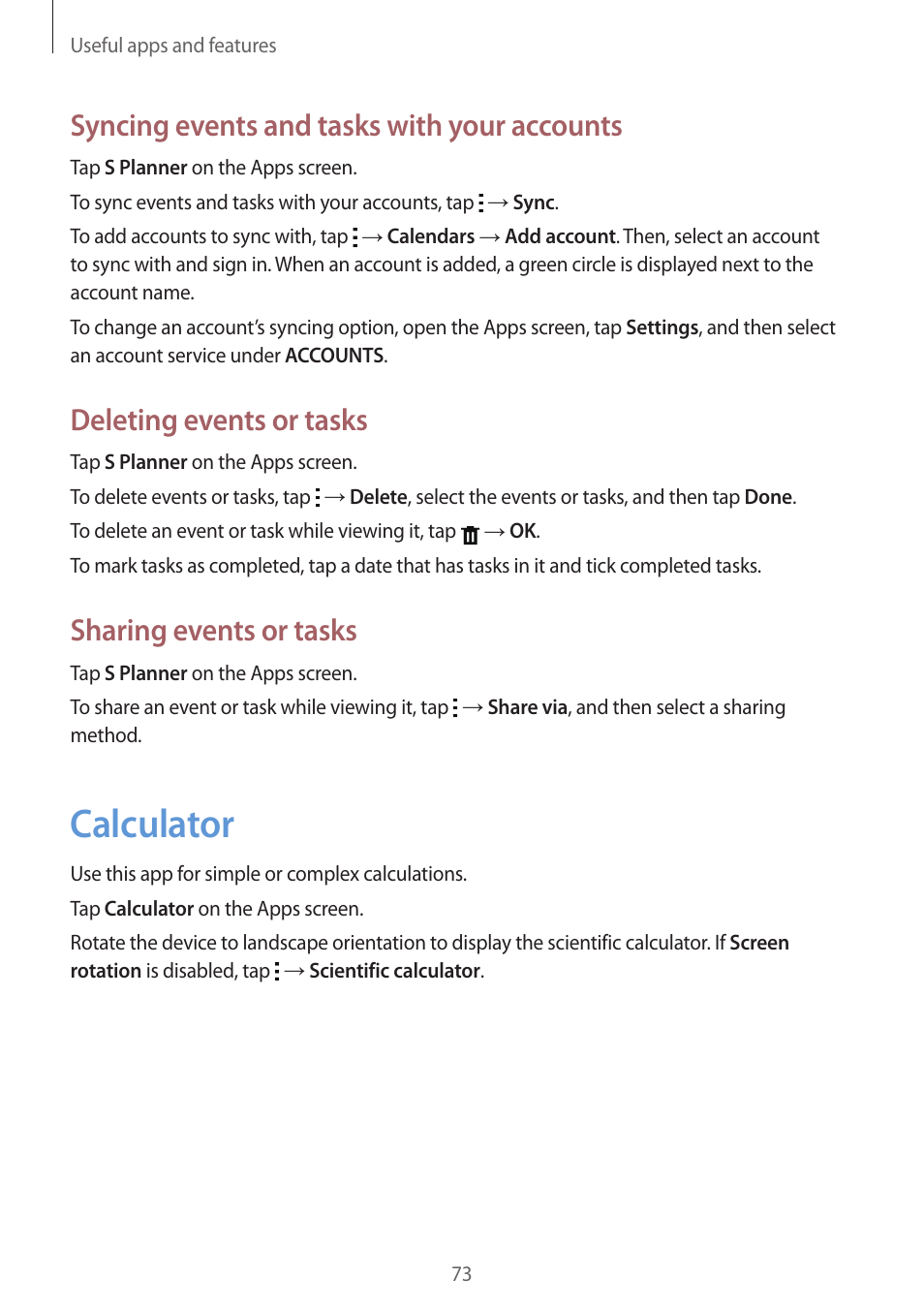 Calculator, 73 calculator, Syncing events and tasks with your accounts | Deleting events or tasks, Sharing events or tasks | Samsung Galaxy Grand Prime User Manual | Page 73 / 131