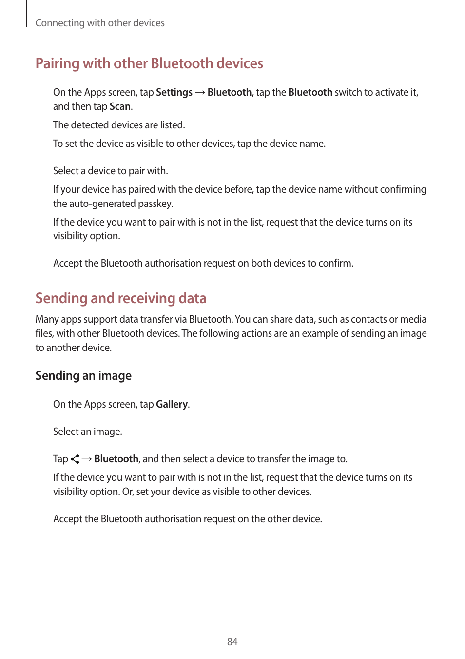 Pairing with other bluetooth devices, Sending and receiving data | Samsung Galaxy Grand Prime User Manual | Page 84 / 131