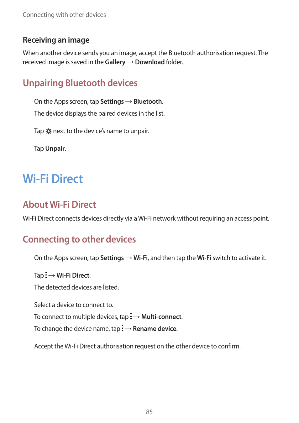 Wi-fi direct, 85 wi-fi direct, Unpairing bluetooth devices | About wi-fi direct, Connecting to other devices | Samsung Galaxy Grand Prime User Manual | Page 85 / 131