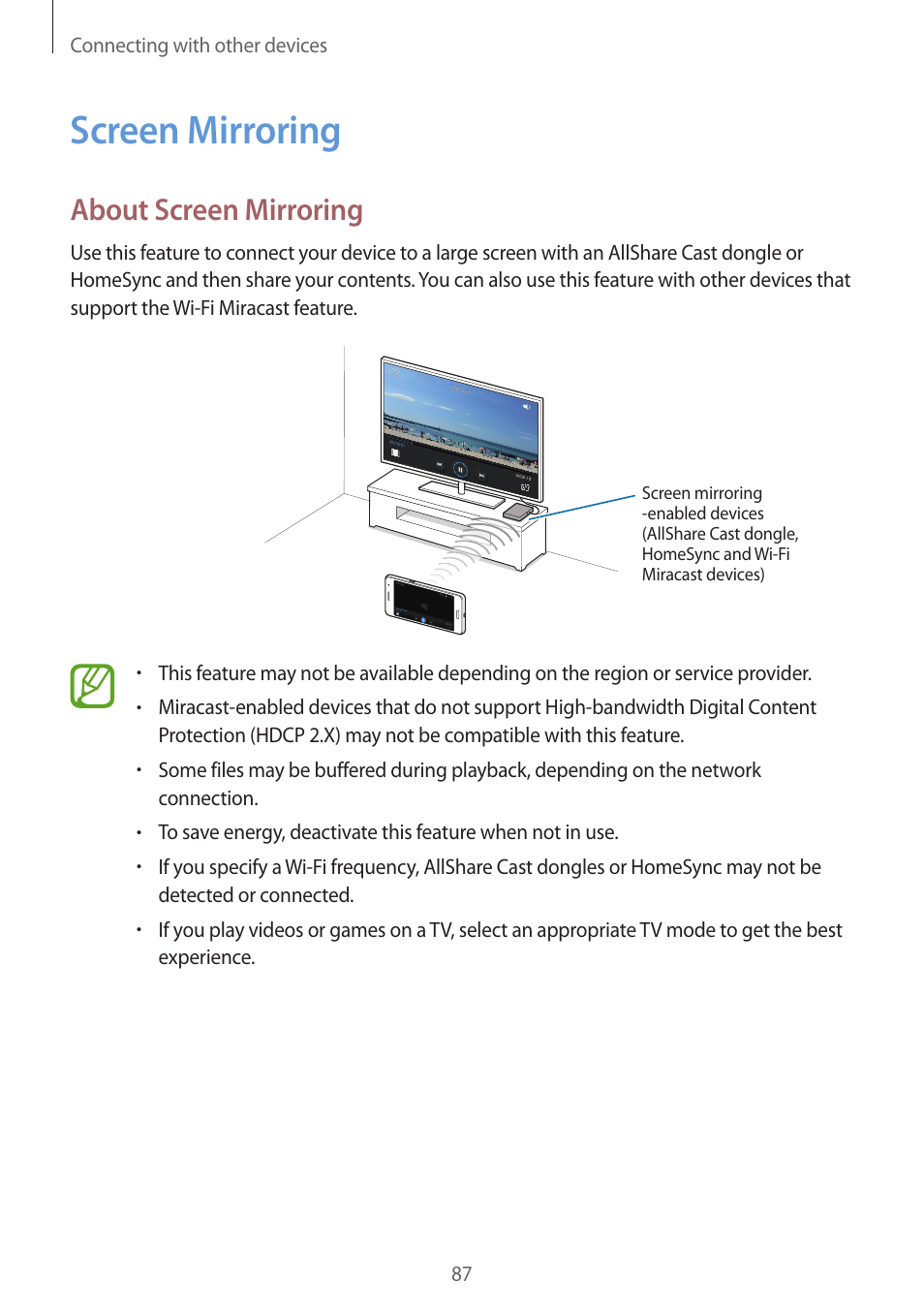 Screen mirroring, 87 screen mirroring, About screen mirroring | Samsung Galaxy Grand Prime User Manual | Page 87 / 131